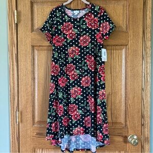NWT LuLaRoe Carly High-Low Dress in Black w/ White Polka Dots & Flowers Small